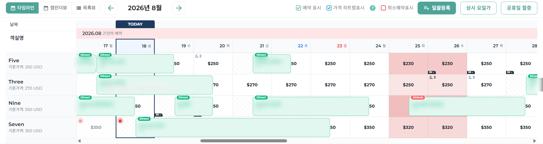 팬지 예약 타임라인 화면. 객실별 예약 막대에 Direct와 Airbnb 채널 배지가 붙어 있고, 날짜별 요금과 가격 히트맵이 함께 표시된다. 게스트 이름은 가렸다.